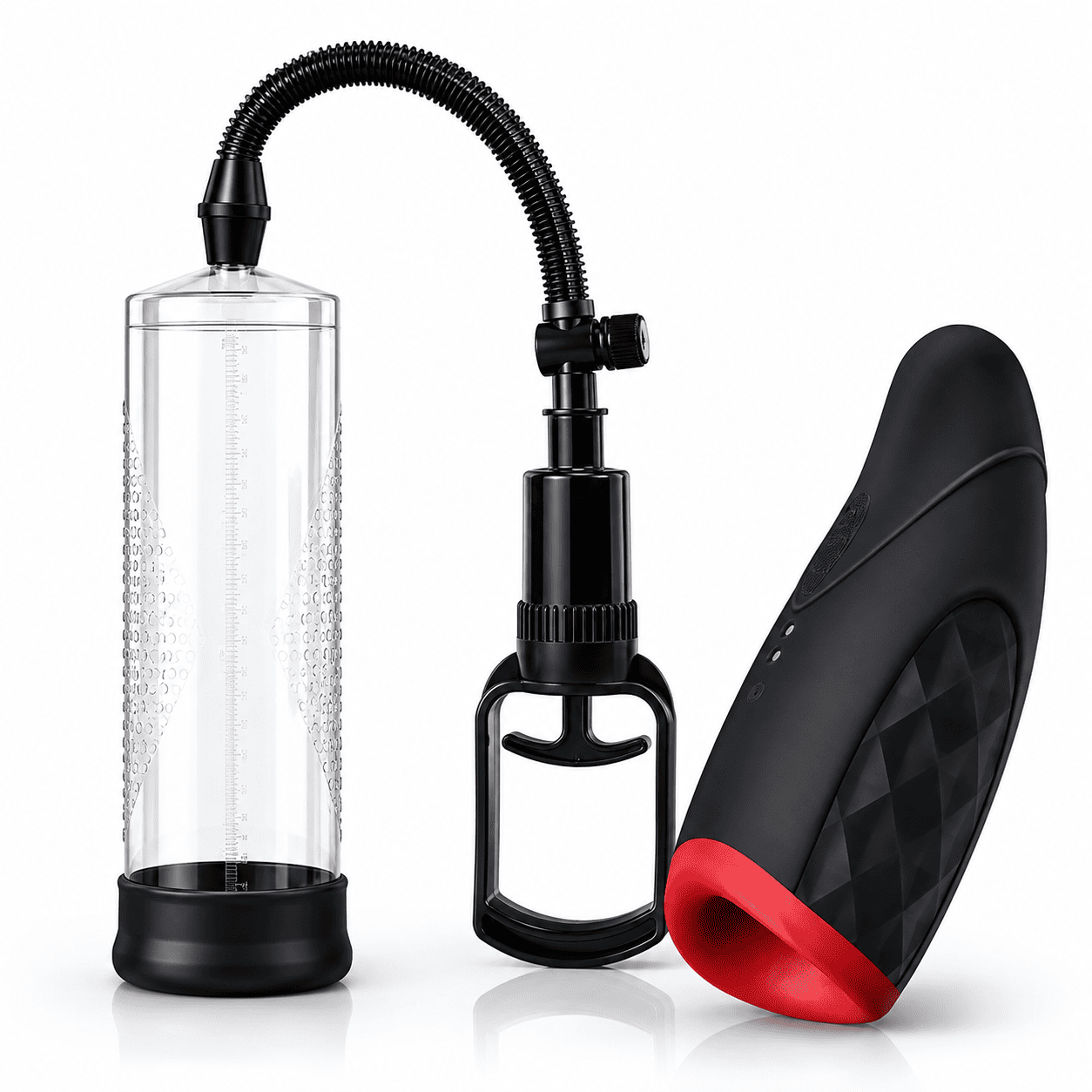 Pacchetto Power by Man Pleasure Boutique includes a clear suction pump and a textured black and red sleeve for enhanced pleas
