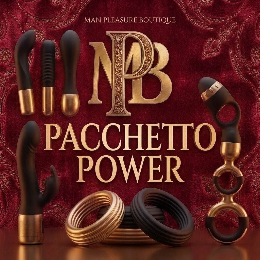 Pacchetto Power by Man Pleasure Boutique features various sleek black and gold pleasure devices on a rich red background.